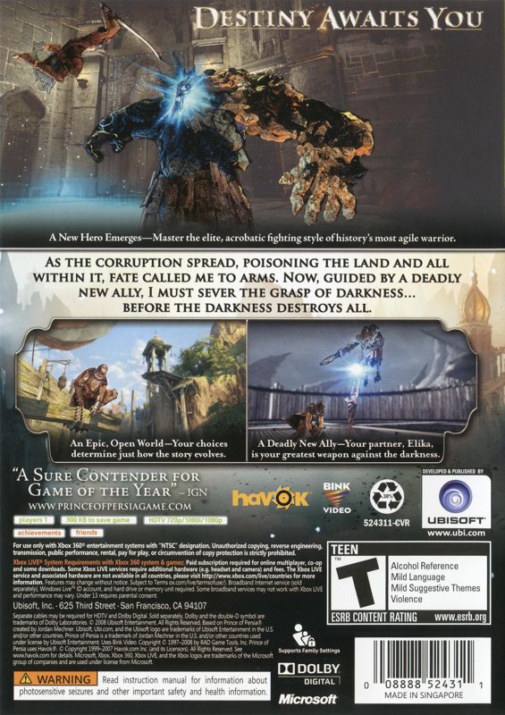 Prince of Persia | Xbox 360 | back cover | region=North America | source-country=United States | zypher-v2 | moby-3a8814e6b56e | Data by MobyGames.com
