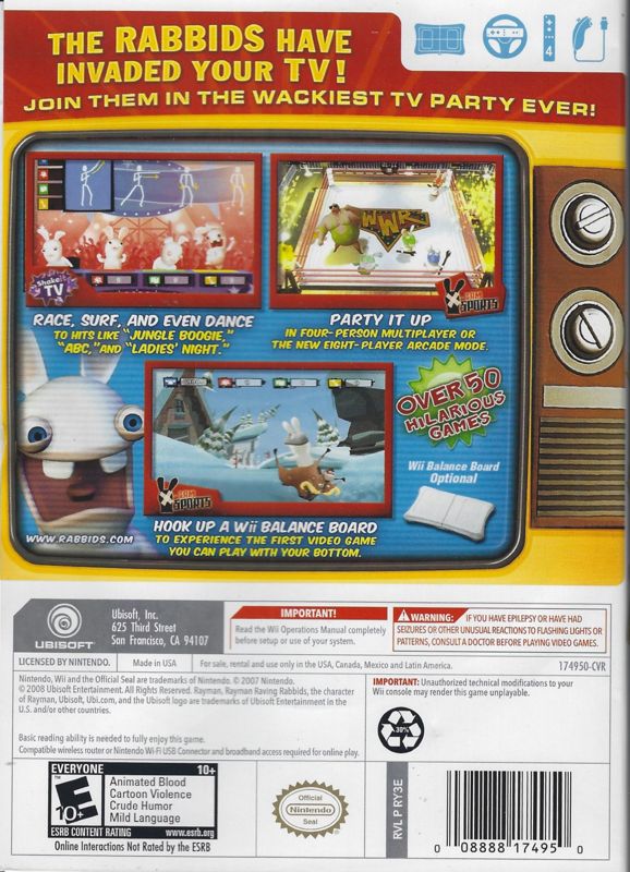 Rayman: Raving Rabbids TV Party | Wii | back cover | region=North America | source-country=United States | zypher-v2 | moby-c5448f7c2dc9 | Data by MobyGames.com