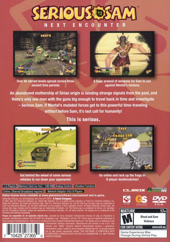 Serious Sam: Next Encounter | PlayStation 2 | back cover | region=North America | source-country=United States | zypher-v2 | moby-be83930107ef | Data by MobyGames.com