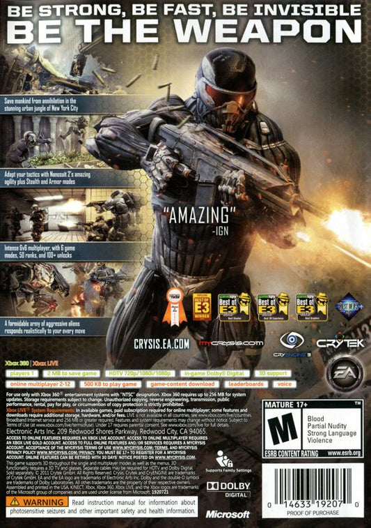 Crysis 2 | Xbox 360 | back cover | region=North America | source-country=United States | zypher-v2 | moby-7527ec159b93 | Data by MobyGames.com