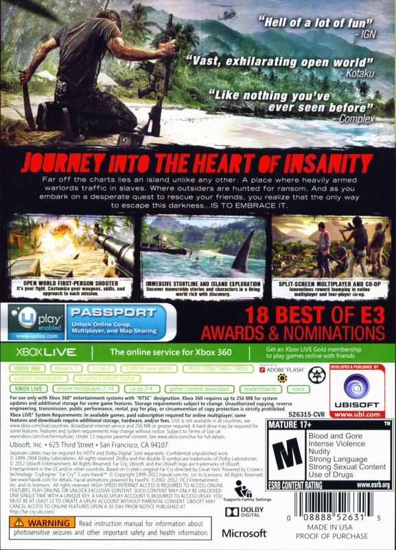 Far Cry 3 | Xbox 360 | back cover | Region: North America | source-country=Canada,United States | Data by MobyGames.com
