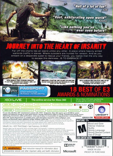 
Far Cry 3 | Xbox 360 | back cover | Region: North America | source-country=Canada,United States | Data by MobyGames.com