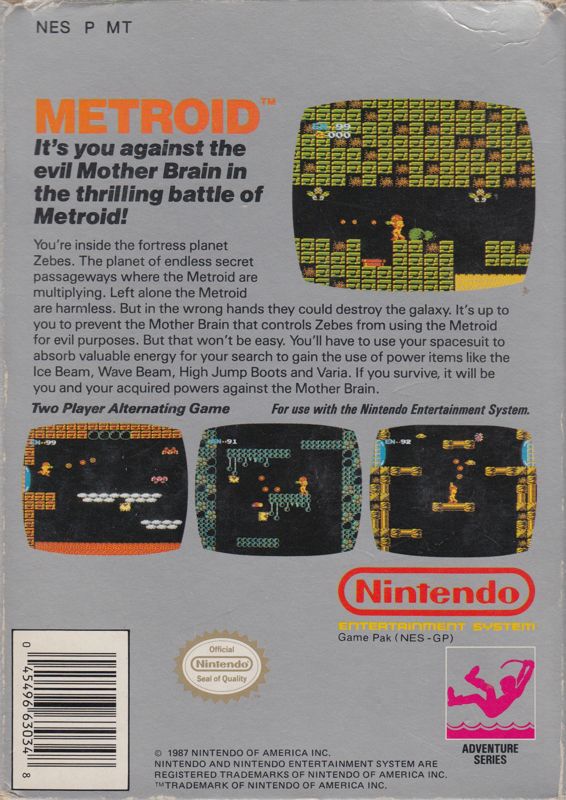 
Metroid | NES | back cover | Data by MobyGames.com