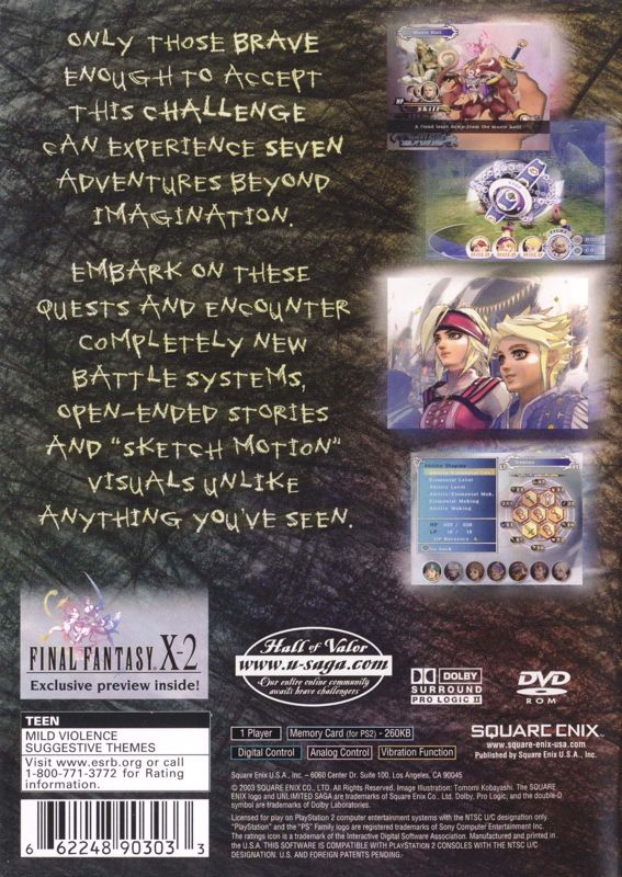 
Unlimited Saga | PlayStation 2 | back cover | Region: North America | source-country=United States | Data by MobyGames.com