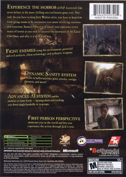 Call of Cthulhu: Dark Corners of the Earth | Xbox | back cover | region=North America | source-country=United States | zypher-v2 | moby-219543722198 | Data by MobyGames.com