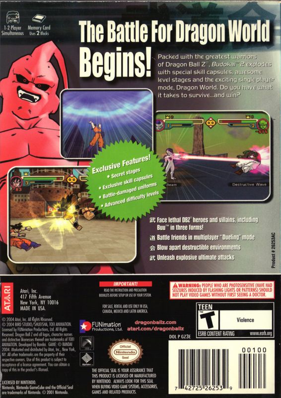 
Dragon Ball Z: Budokai 2 | GameCube | back cover | Data by MobyGames.com