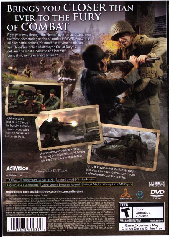 Call of Duty 3 | PlayStation 2 | back cover | region=North America | source-country=United States | zypher-v2 | moby-185b498d8e88 | Data by MobyGames.com