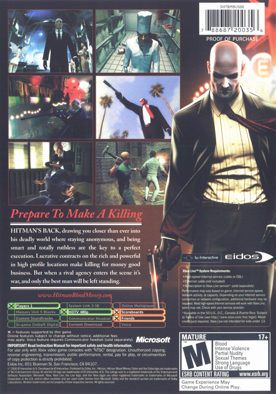 
Hitman: Blood Money | Xbox | back cover | Data by MobyGames.com