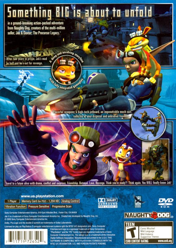 Jak II | PlayStation 2 | back cover | region=North America | source-country=Canada,United States | zypher-v2 | moby-3c011e4e7851 | Data by MobyGames.com