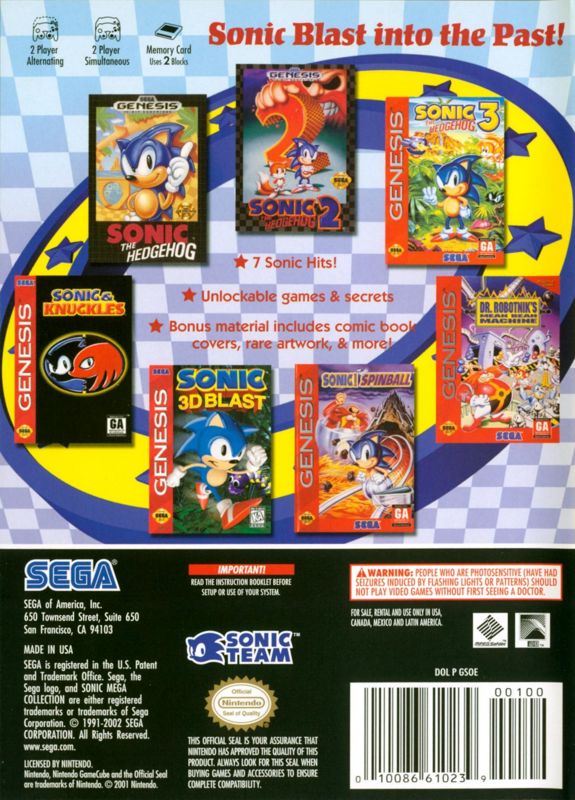 Sonic Mega Collection | GameCube | back cover | region=North America | source-country=Canada,Mexico,Other,United States | zypher-v2 | moby-30caa4a06daa | Data by MobyGames.com