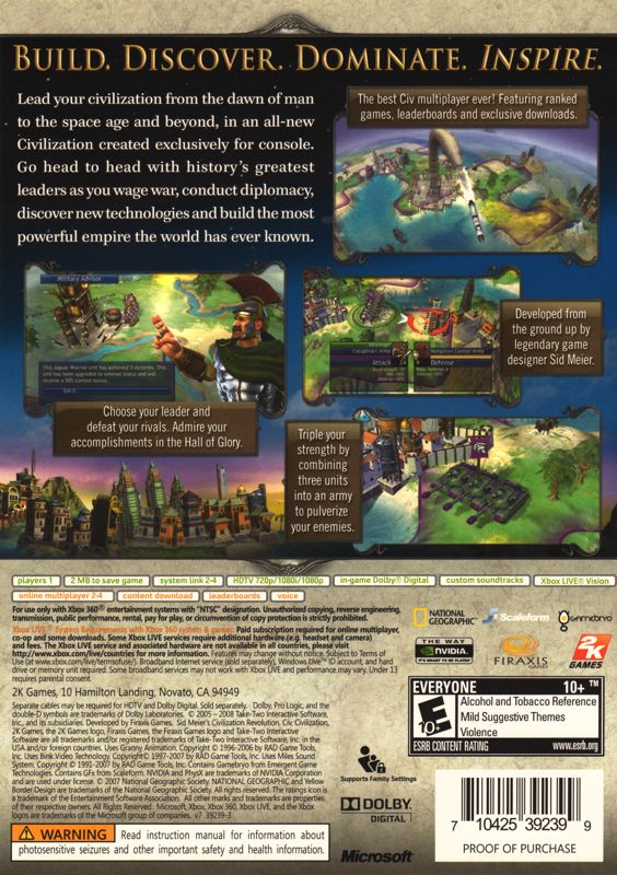 Sid Meier's Civilization: Revolution | Xbox 360 | back cover | region=North America | source-country=United States | zypher-v2 | moby-3a3b2b32bcda | Data by MobyGames.com
