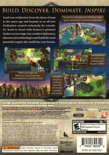 Sid Meier's Civilization: Revolution | Xbox 360 | back cover | region=North America | source-country=United States | zypher-v2 | moby-3a3b2b32bcda | Data by MobyGames.com