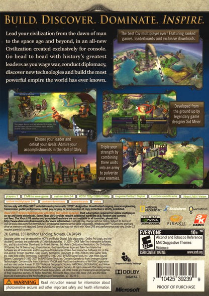 Sid Meier's Civilization: Revolution | Xbox 360 | back cover | region=North America | source-country=United States | zypher-v2 | moby-3a3b2b32bcda | Data by MobyGames.com