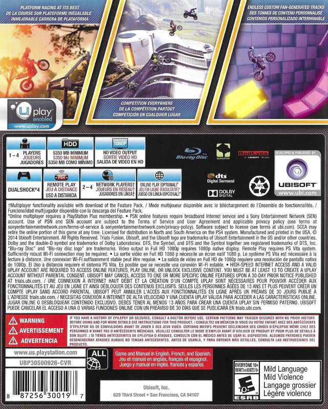 
Trials Fusion | PlayStation 4 | back cover | Data by MobyGames.com