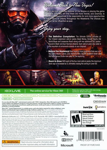 Fallout: New Vegas - Ultimate Edition | Xbox 360 | back cover | region=North America | source-country=Canada,United States | zypher-v2 | moby-b7c51469b469 | Data by MobyGames.com