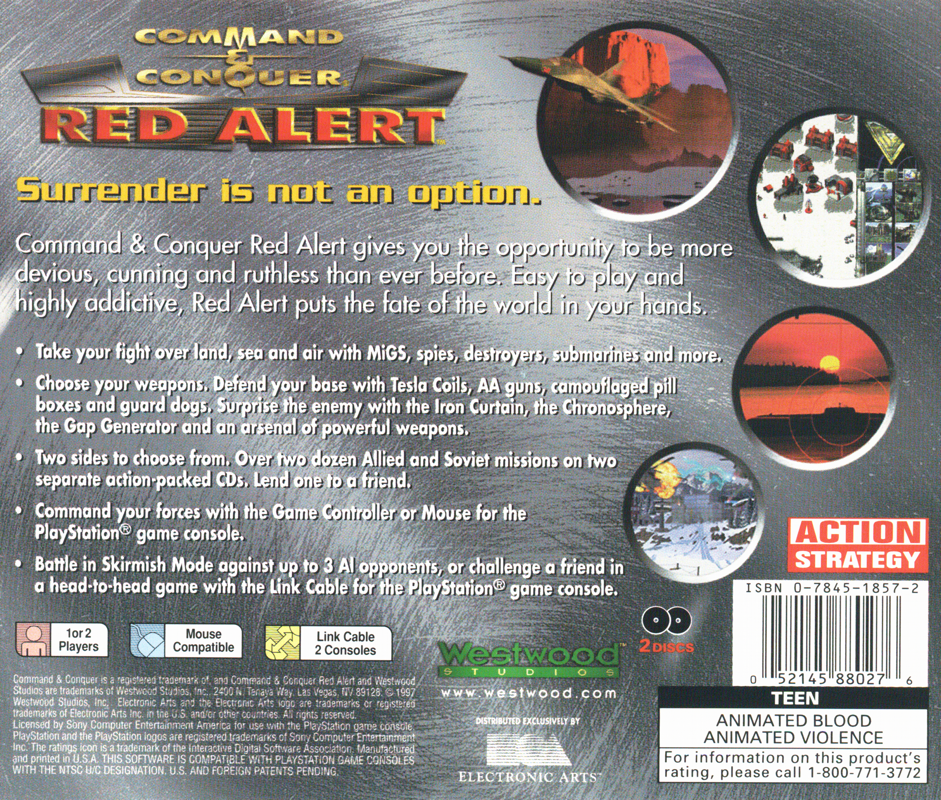 Command & Conquer: Red Alert | PlayStation | back cover | Region: North America | source-country=United States | Data by MobyGames.com