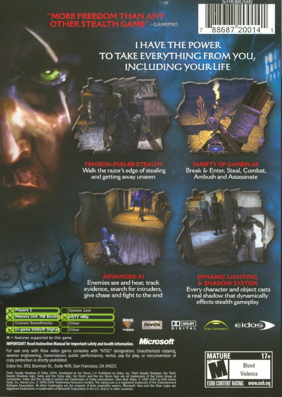 
Thief: Deadly Shadows | Xbox | back cover | Data by MobyGames.com
