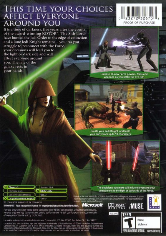 
Star Wars: Knights of the Old Republic II - The Sith Lords | Xbox | back cover | Data by MobyGames.com