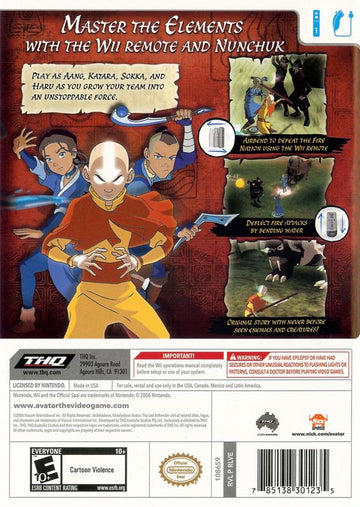 Avatar: The Last Airbender | Wii | back cover | region=North America | source-country=Canada,Mexico,United States | zypher-v2 | moby-7eb8ea63b5e5 | Data by MobyGames.com