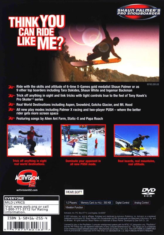 
Shaun Palmer's Pro Snowboarder | PlayStation 2 | back cover | Data by MobyGames.com