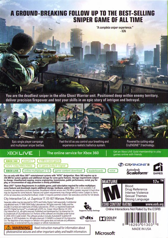 Sniper: Ghost Warrior 2 | Xbox 360 | back cover | region=North America | source-country=United States | zypher-v2 | moby-3ecc6f14e005 | Data by MobyGames.com
