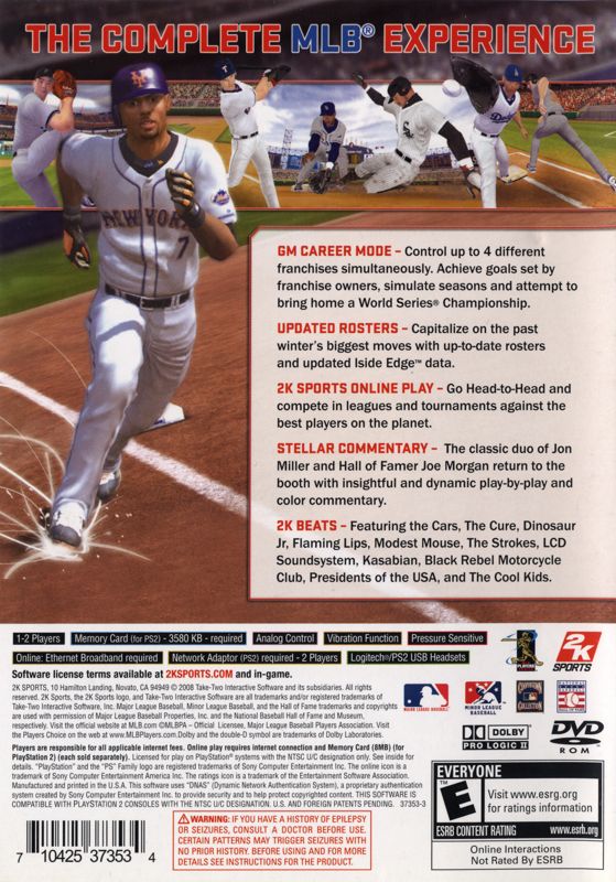 Major League Baseball 2K8 | PlayStation 2 | back cover | region=North America | source-country=United States | zypher-v2 | moby-f20d7487484d | Data by MobyGames.com