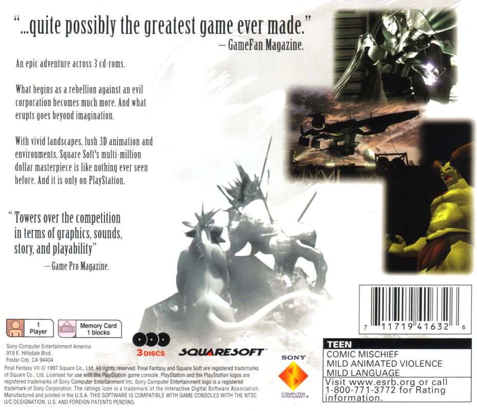 
Final Fantasy VII | PlayStation | back cover | Region: North America | edition=greatest hits | source-country=United States | Data by MobyGames.com