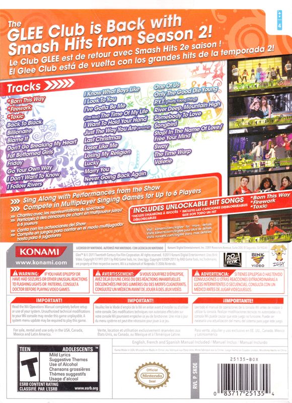 
Karaoke Revolution: Glee - Volume 3 | Wii | back cover | Region: North America | source-country=Canada,Mexico,United States | Data by MobyGames.com