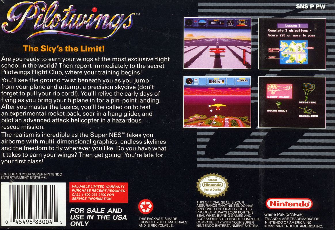 
Pilotwings | SNES | back cover | Data by MobyGames.com