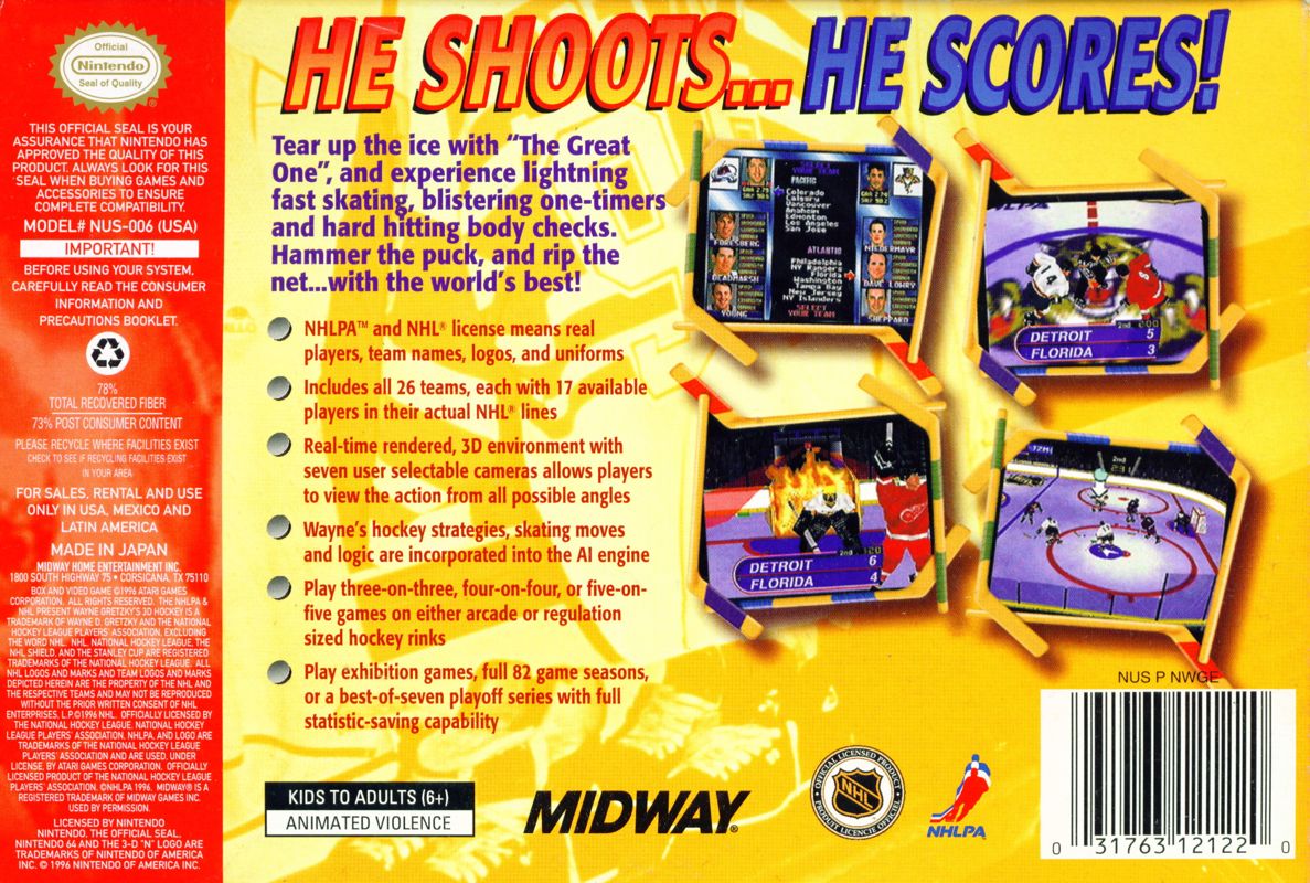 Wayne Gretzky's 3D Hockey | Nintendo 64 | back cover | region=North America | source-country=United States | zypher-v2 | moby-84f308493203 | Data by MobyGames.com