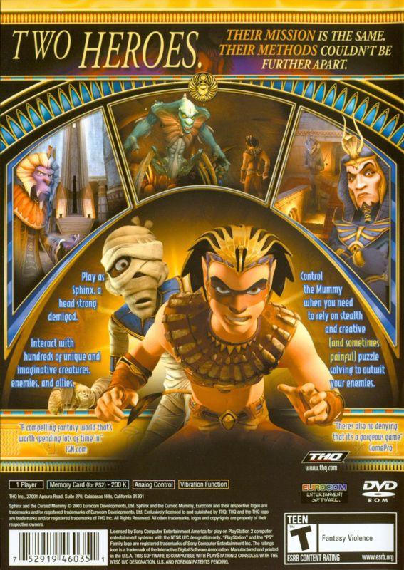 Sphinx and the Cursed Mummy | PlayStation 2 | back cover | Region: North America | source-country=Canada,United States | Data by MobyGames.com