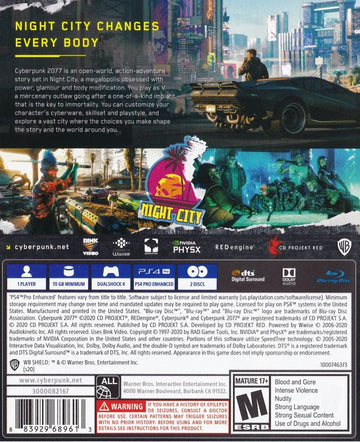 
Cyberpunk 2077 | PlayStation 4 | back cover | Data by MobyGames.com