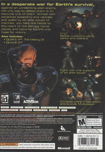 Quake 4 | Xbox 360 | back cover | region=North America | source-country=Canada,United States | zypher-v2 | moby-275debcad963 | Data by MobyGames.com