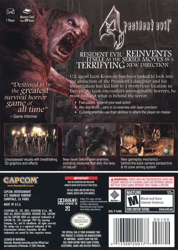Resident Evil 4 | GameCube | back cover | region=North America | source-country=Canada,Mexico,United States | zypher-v2 | moby-1734fa405003 | Data by MobyGames.com