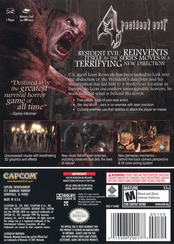 Resident Evil 4 | GameCube | back cover | region=North America | source-country=Canada,Mexico,United States | zypher-v2 | moby-1734fa405003 | Data by MobyGames.com