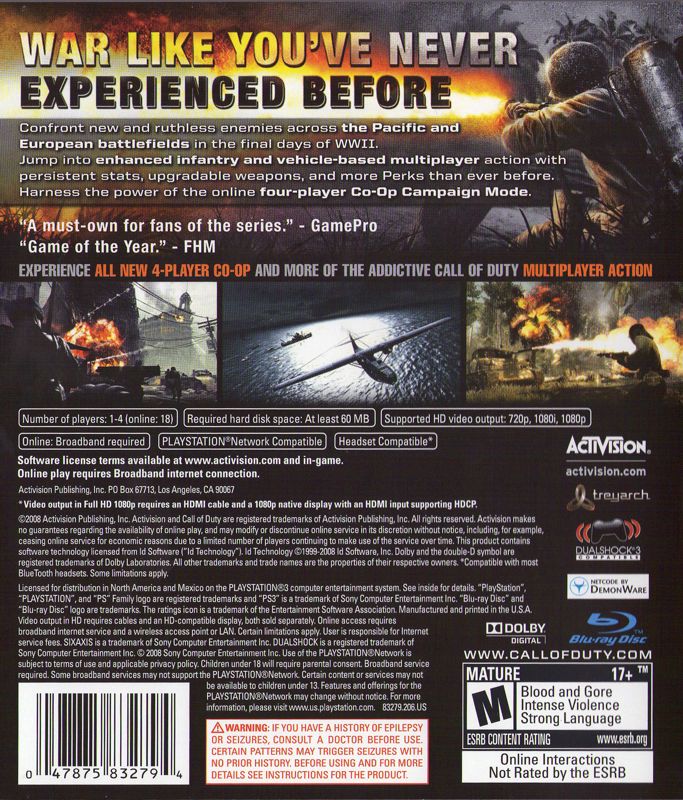 Call of Duty: World at War | PlayStation 3 | back cover | region=North America | source-country=United States | zypher-v2 | moby-71f2b2cb5ffb | Data by MobyGames.com