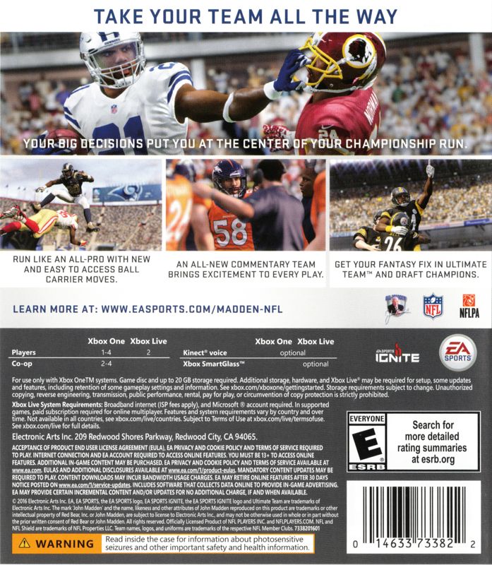 Madden NFL 17 | Xbox One | back cover | region=North America | source-country=United States | zypher-v2 | moby-46c5a0df4a0a | Data by MobyGames.com