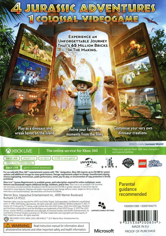 LEGO Jurassic World | Xbox 360 | back cover | Region: PAL | source-country=Australia | Data by MobyGames.com