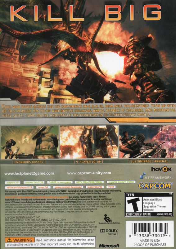 Lost Planet 2 | Xbox 360 | back cover | region=North America | source-country=United States | zypher-v2 | moby-5d88a69e26c3 | Data by MobyGames.com