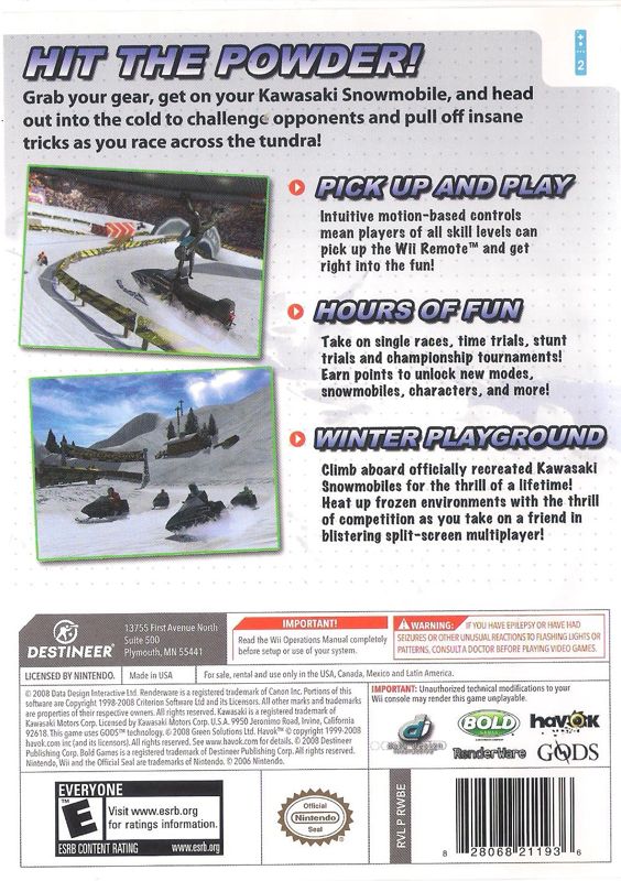 Kawasaki Snowmobiles | Wii | back cover | region=North America | source-country=United States | zypher-v2 | moby-3c17f094ce97 | Data by MobyGames.com