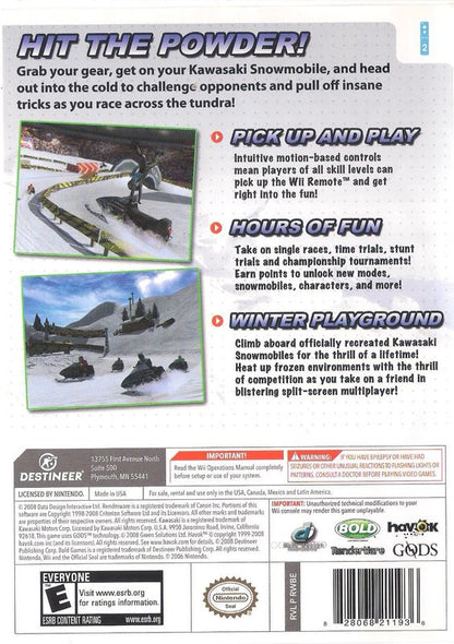 Kawasaki Snowmobiles | Wii | back cover | region=North America | source-country=United States | zypher-v2 | moby-3c17f094ce97 | Data by MobyGames.com