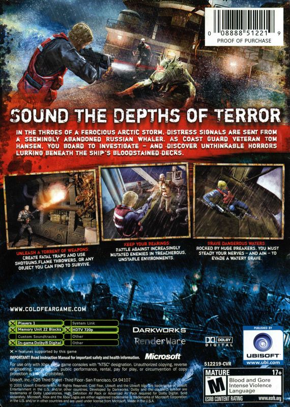 
Cold Fear | Xbox | back cover | Region: North America | source-country=Canada,United States | Data by MobyGames.com