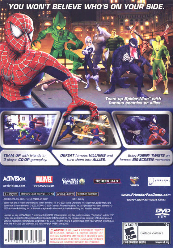 Spider-Man: Friend or Foe | PlayStation 2 | back cover | region=North America | source-country=United States | zypher-v2 | moby-f0f55f02cad3 | Data by MobyGames.com