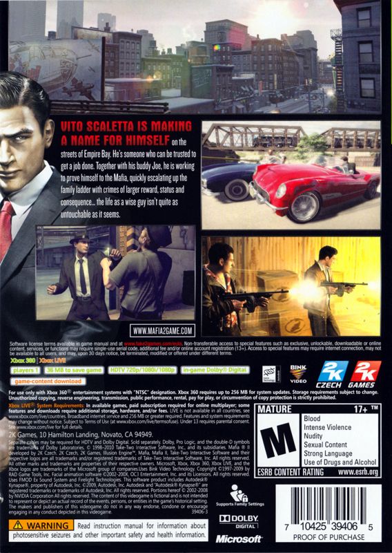 MAFIA II | Xbox 360 | back cover | region=North America | source-country=United States | zypher-v2 | moby-f353ce4499ed | Data by MobyGames.com