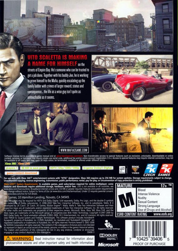 MAFIA II | Xbox 360 | back cover | region=North America | source-country=United States | zypher-v2 | moby-f353ce4499ed | Data by MobyGames.com