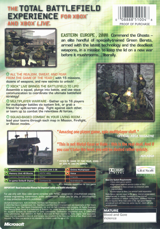 Tom Clancy's Ghost Recon | Xbox | back cover | region=North America | source-country=Canada,United States | zypher-v2 | moby-74e0f855ea0e | Data by MobyGames.com