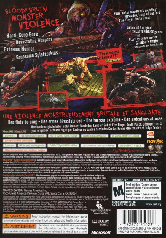 
Splatterhouse | Xbox 360 | back cover | Data by MobyGames.com