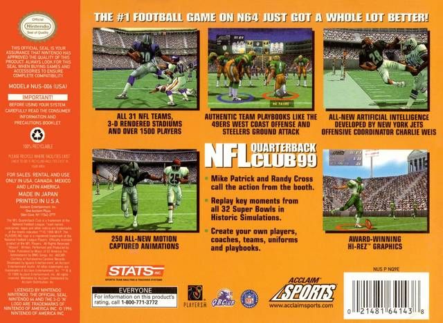 NFL Quarterback Club 99 | Nintendo 64 | back cover | region=North America | source-country=Canada,Mexico,United States | zypher-v2 | moby-0e80ebe1ab74 | Data by MobyGames.com