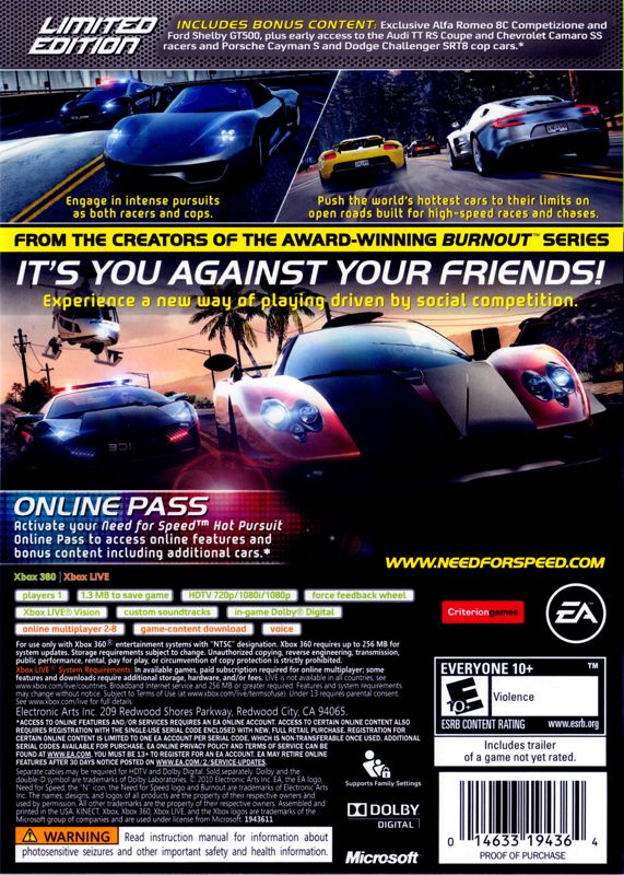 Need for Speed: Hot Pursuit (Limited Edition) | Xbox 360 | back cover | region=North America | source-country=United States | zypher-v2 | moby-608afcda7471 | Data by MobyGames.com