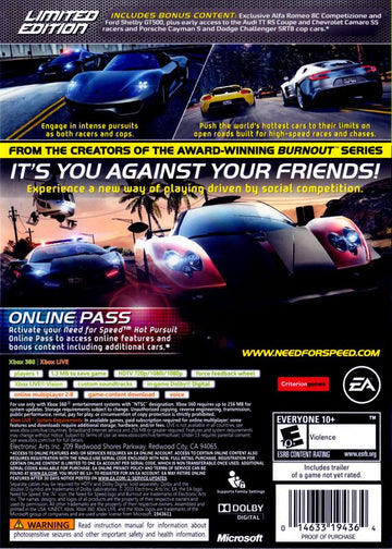 Need for Speed: Hot Pursuit (Limited Edition) | Xbox 360 | back cover | region=North America | source-country=United States | zypher-v2 | moby-608afcda7471 | Data by MobyGames.com